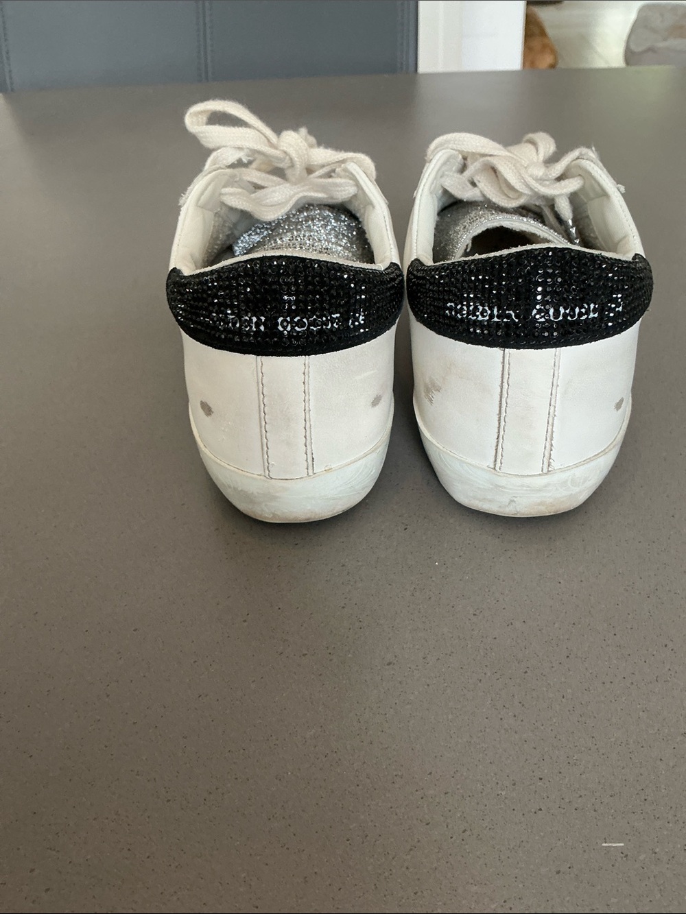 Golden Goose White Sneakers with Silver Glitter Tongue and Black Sequin Heel